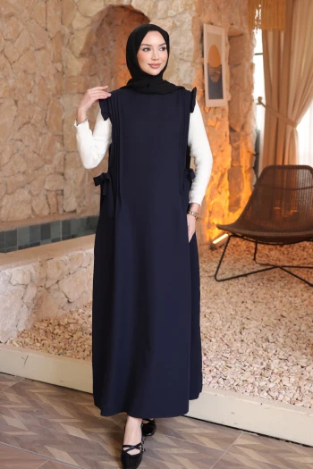 Lacivert Bel Kuşaklı Kolları Fırfırlı Elbise