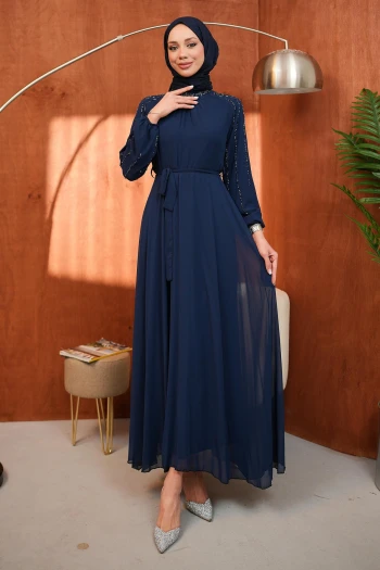 Lacivert Bel Kuşaklı Taş İşlemeli Abiye