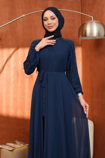 Lacivert Bel Kuşaklı Taş İşlemeli Abiye