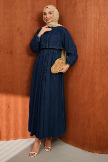 Lacivert Ceket Kombinli Kot Elbise