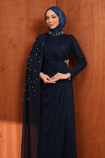 Lacivert Drapeli İnci Detaylı  Abiye
