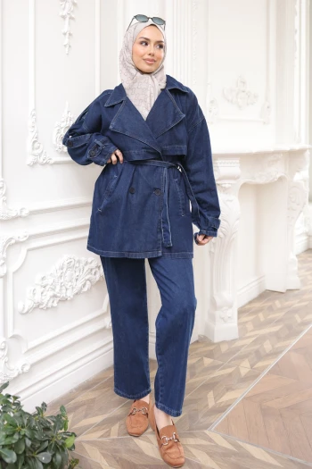 Lacivert Düğmeli Bel Kuşaklı Ceket Pantolonlu Kot Takım