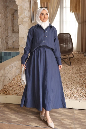 Lacivert Düğmeli Gömlek Etekli Takım