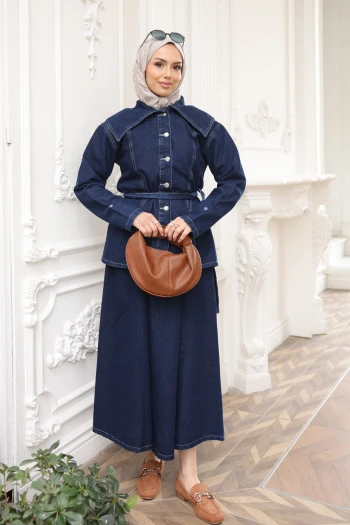 Lacivert Düğmeli  Kot Ceket Etek Takım