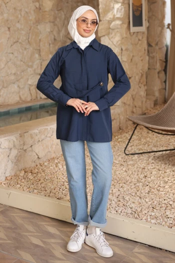 Lacivert Düğmeli Ön Detaylı Tunik