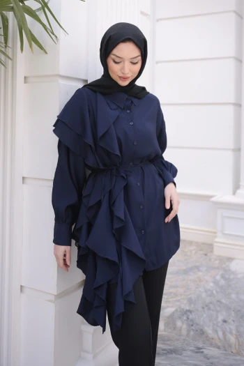 Lacivert Düğmeli Volanlı İp Bağcıklı Tunik