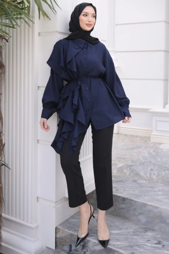 Lacivert Düğmeli Volanlı İp Bağcıklı Tunik