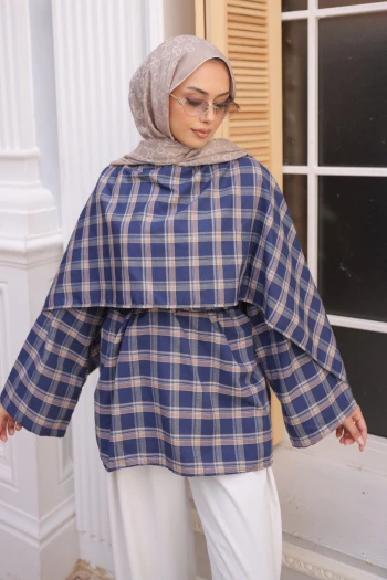 Lacivert Ekose Desen Bel Bağlamalı Şal Detay Tunik
