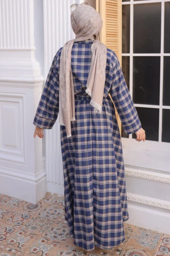 Lacivert Ekose Yaka Detaylı Gömlek Etekli Takım