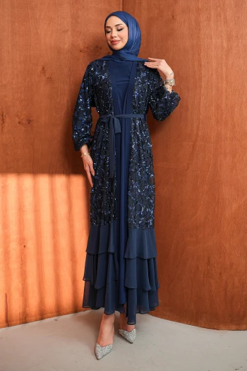 Lacivert Eteği Katlı Fırfırlı İkili Abaya Takım