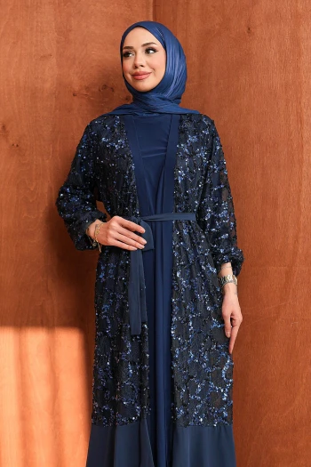 Lacivert Eteği Katlı Fırfırlı İkili Abaya Takım