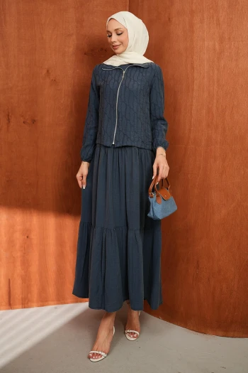 Lacivert Fermuarlı Ceket Eteği Katlı Jile Takım