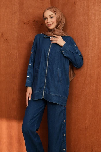 Lacivert Fermuarlı Ceket Pantolonlu Tensel Kot Takım