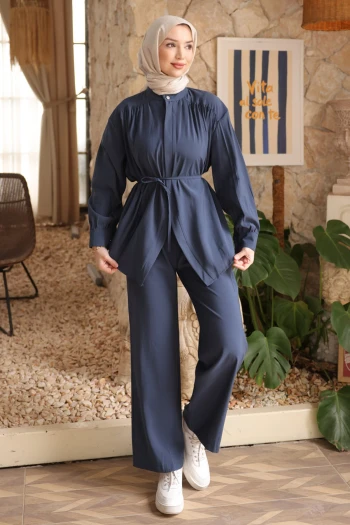 Lacivert Gizli Düğmeli Pantolonlu Modal Takım