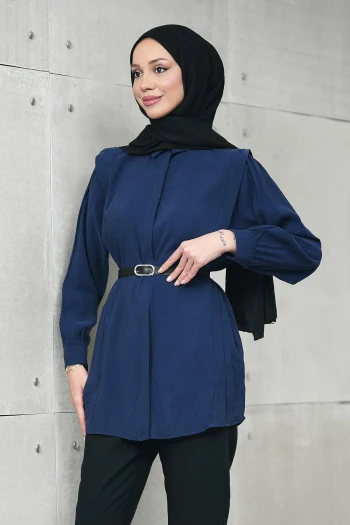 Lacivert Gizli Patlı Belden Kemerli Modal Dokuma Tunik