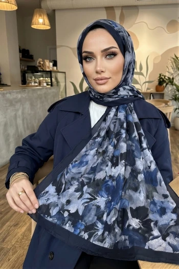 Lacivert İpekhan Desenli Kraş Şal