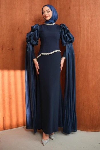 Lacivert Kol Detaylı Taşlı Abiye