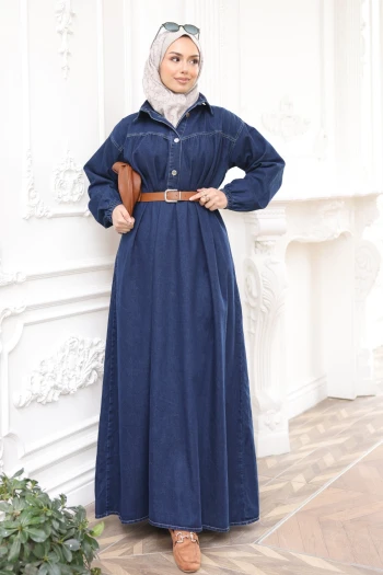Lacivert Kol Lastikli Kemerli Kot Elbise