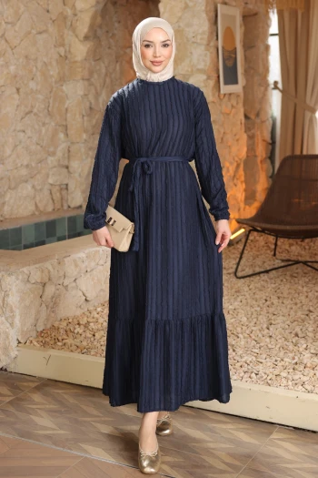 Lacivert Kol Lastikli Kuşaklı Gofre Elbise