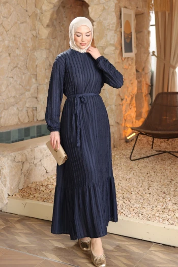 Lacivert Kol Lastikli Kuşaklı Gofre Elbise