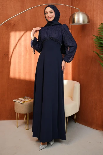 Lacivert Kol Sırt Bağlama Detaylı Abiye