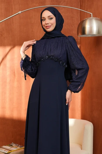 Lacivert Kol Sırt Bağlama Detaylı Abiye