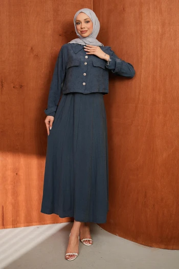 Lacivert Kot Ceket Elbise İkili Kombin Takım