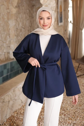 Lacivert Kuşaklı Scuba Kimono Ceket