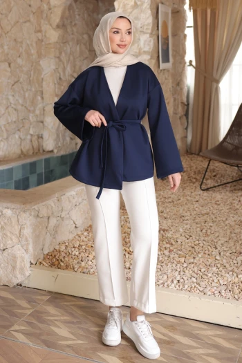 Lacivert Kuşaklı Scuba Kimono Ceket