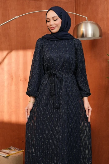 Lacivert Kuşaklı Simli Abiye