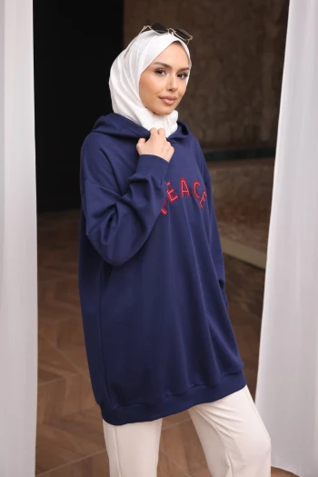 Lacivert Nakışlı İşlemeli Kapşonlu Tunik Sweat