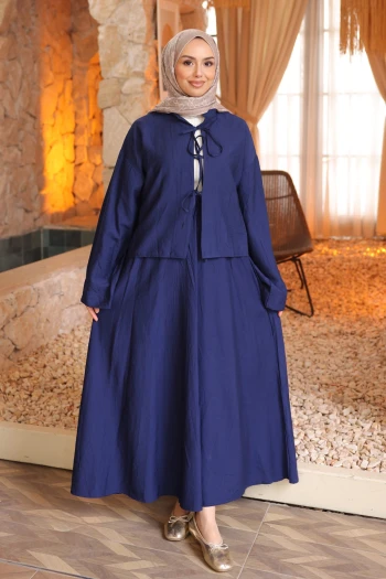 Lacivert Önü Bağlamalı Kimono Etekli Takım