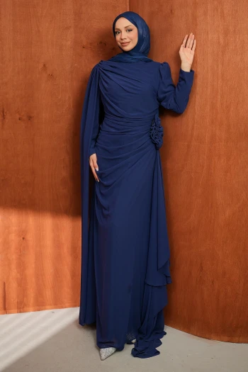 Lacivert Önü Drapeli Büyük Beden Abiye