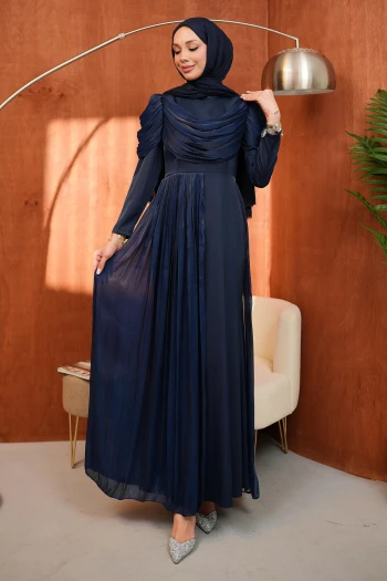 Lacivert Önü Drapeli Saten Abiye