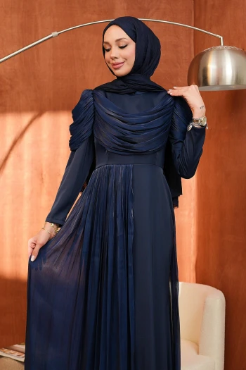 Lacivert Önü Drapeli Saten Abiye