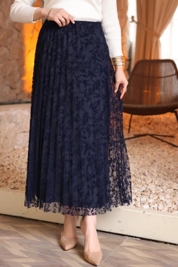 Lacivert Piliseli Flok Baskılı Astarlı Tül Etek