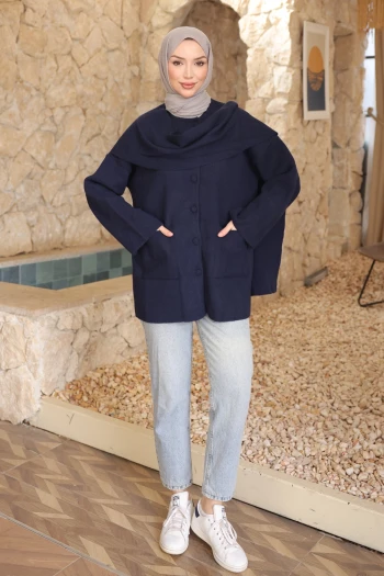 Lacivert Şal Detaylı Düğmeli Angora Hırka