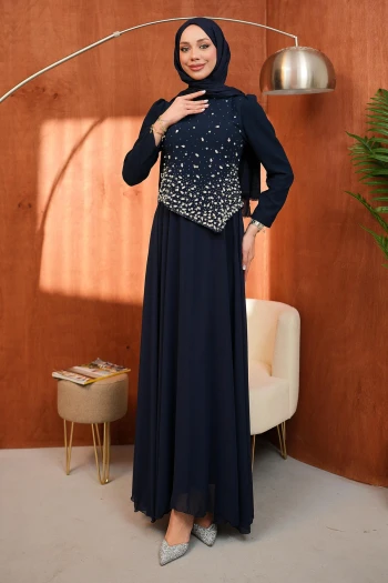 Lacivert Taş Detaylı Tasarım Abiye
