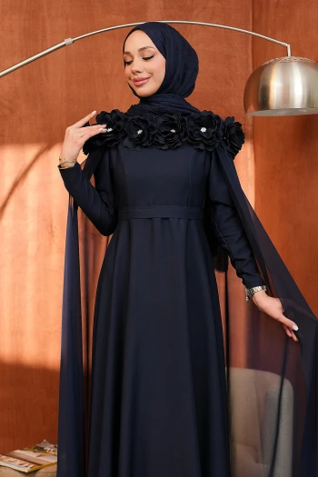 Lacivert Yaka Çiçekli Pelerinli Abiye