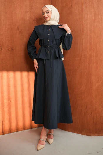 Lacivert Yaka Detaylı Gömlek Etekli Takım