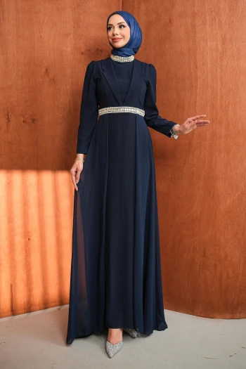 Lacivert Yaka Detaylı Taşlı Abiye