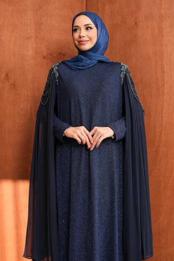 Lacivert Omuz Boncuklu Pelerinli Abiye