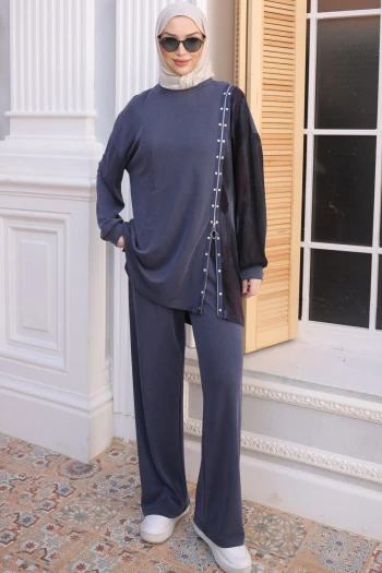 Lacivert Yan Fermuar Detaylı Tunik Pantolonlu Takım