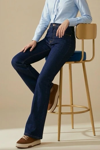 Lacivert Yüksek Bel İspanyol Paça Jeans Pantolon