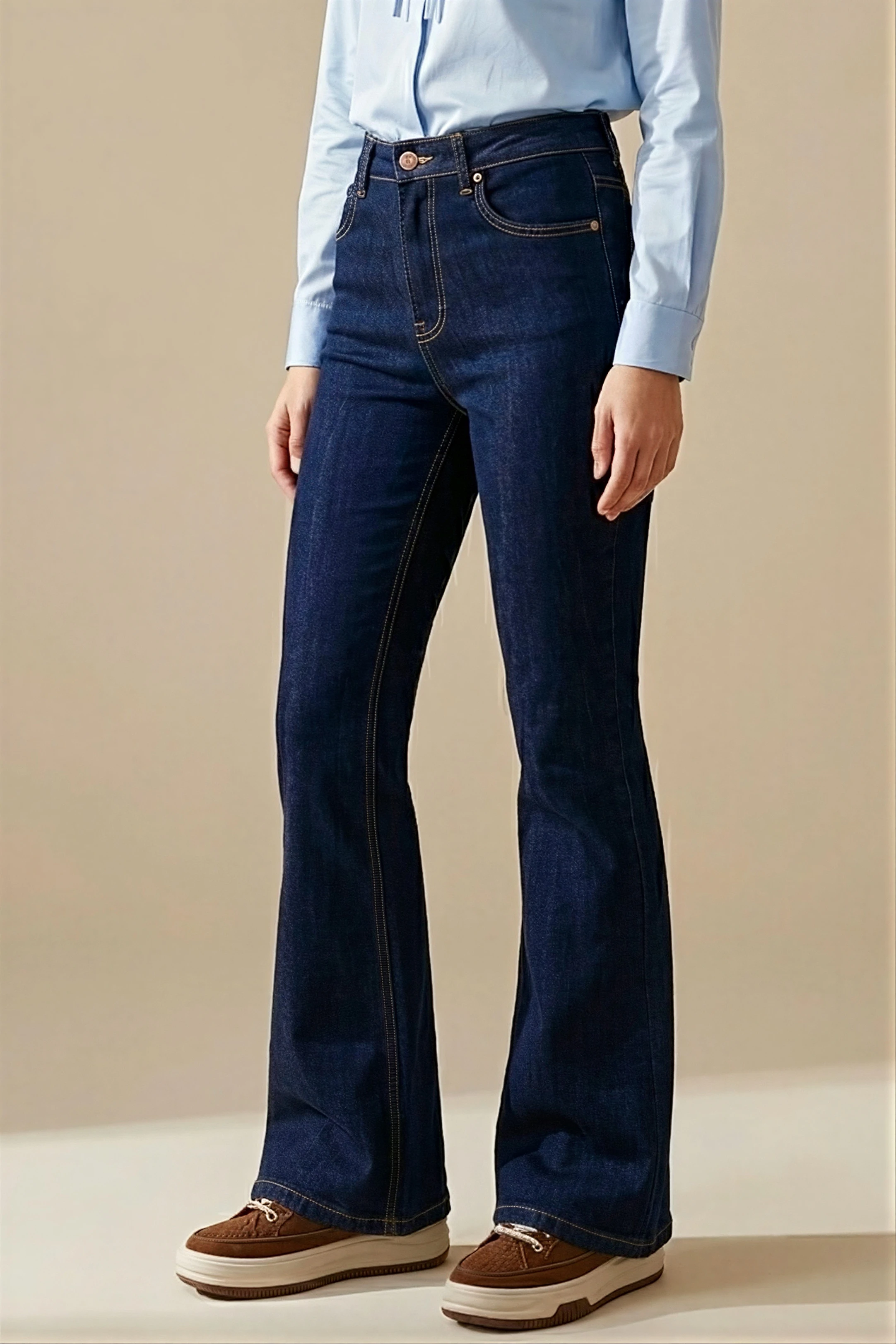 Lacivert Yüksek Bel İspanyol Paça Jeans Pantolon