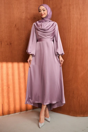 Lila Balon Kol Saten Abiye