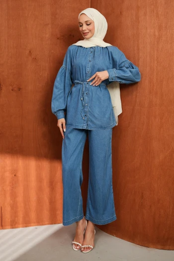Mavi Balon Kol Tunik Pantolonlu Tensel Kot Takım