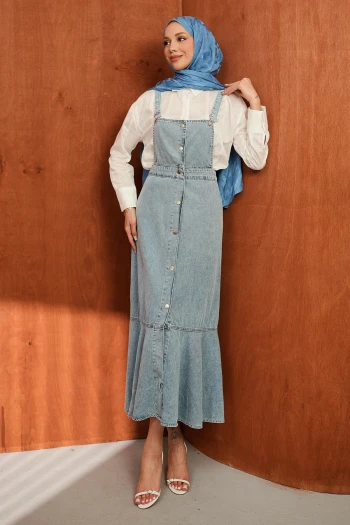 Mavi Cepli Düğmeli Eteği Katlı Kot Jile