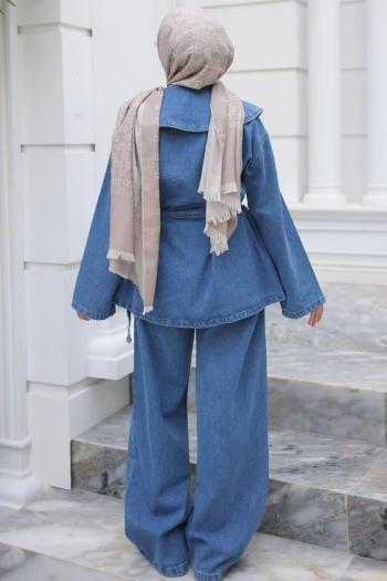 Mavi Düğmeli Mendil Yaka Ceket Pantolonlu Takım