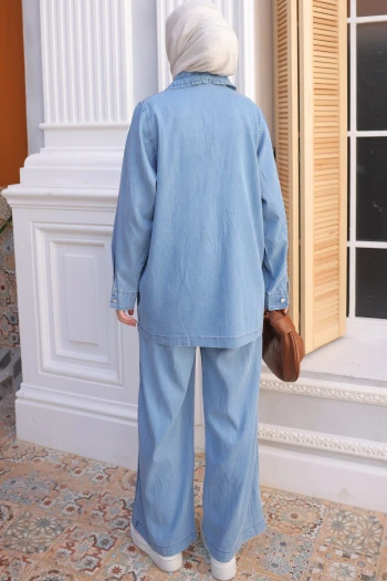 Mavi Fermuarlı Ceket Pantolonlu Kot Takım